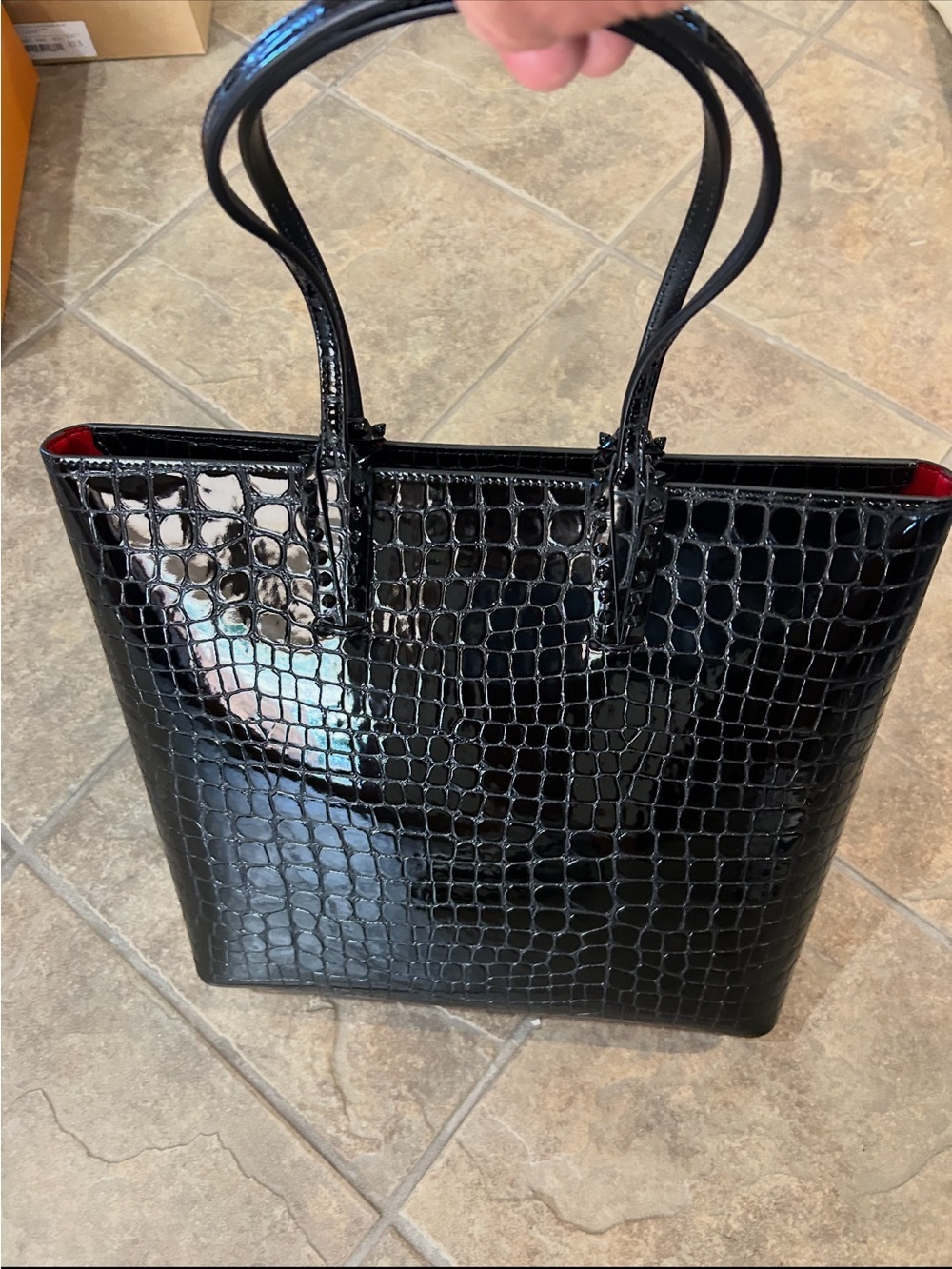Women’s Christian Louboutin cabata tote in black croc embossed patent leather